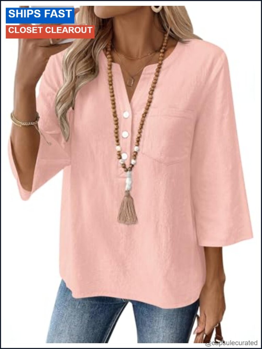 Women's Linen Cotton Blend V-Neck 3/4 Sleeve Button Down Shirt